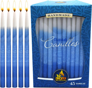 Dripless Chanukah Candles, Decorated Ombre Blue & White Hanukkah Candles Fits Most Menorahs, Premium Quality Wax - Set of 45