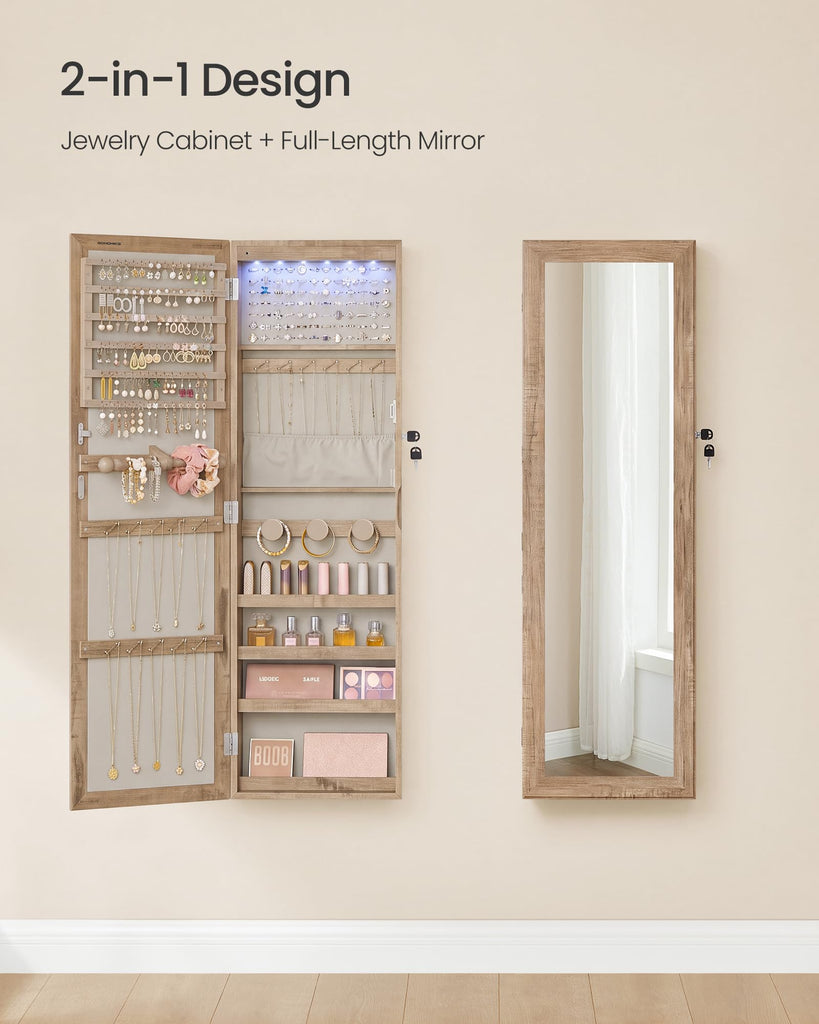 Jewelry Cabinet, Wall or Door Mounted Armoire, 6 LED Lights