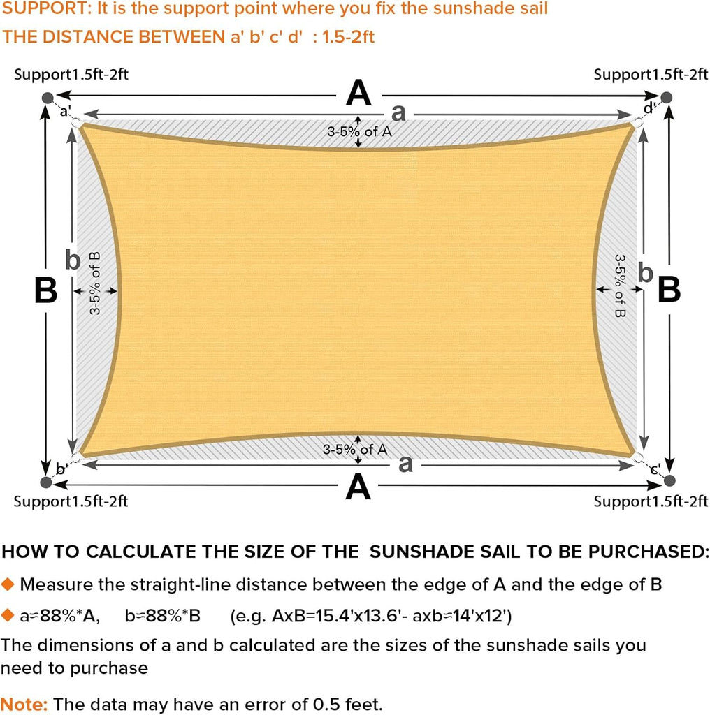 Sun Shade Sail, 13'X17' Sand Rectangle Curved Edged Sun Shade, Commercial Grade 185GSM HDPE UV Permeable Outdoor
