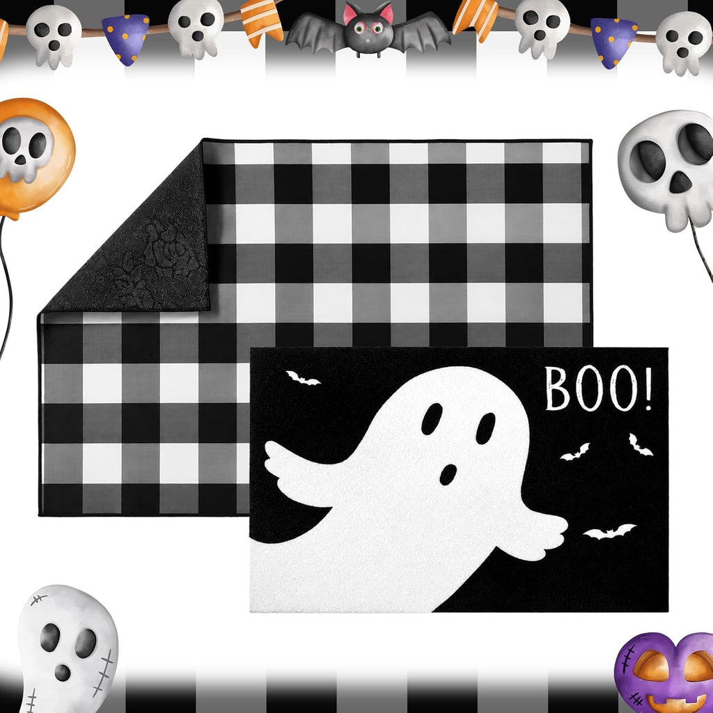 2 Pcs Halloween Ghost Door Mat | Non-slip Backing, Weather Resistant, Imitation Coco Coir Fiber, Easy Clean, for