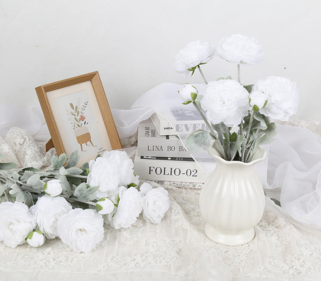 Pure White Peonies Artificial Ranunculus Silk Flowers 18Heads