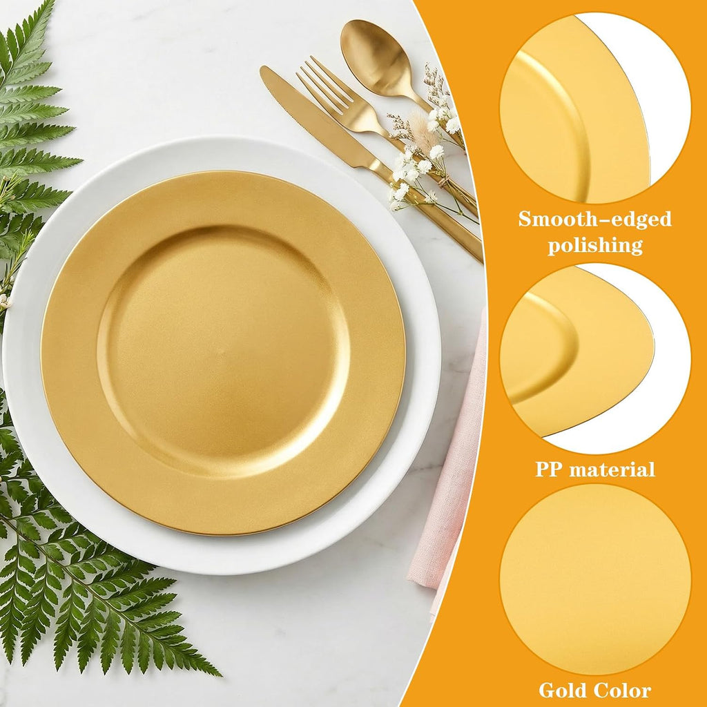 Gold Plastic Charger Plates, 13" Round Gold Charger Plates - Set of 12