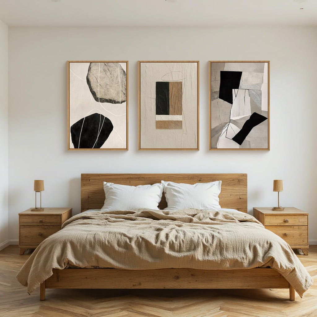 Large Neutral Abstract Wall Art Set of 3, Framed Modern Canvas Paintings, Beige Black White Prints Artwork, 24x36