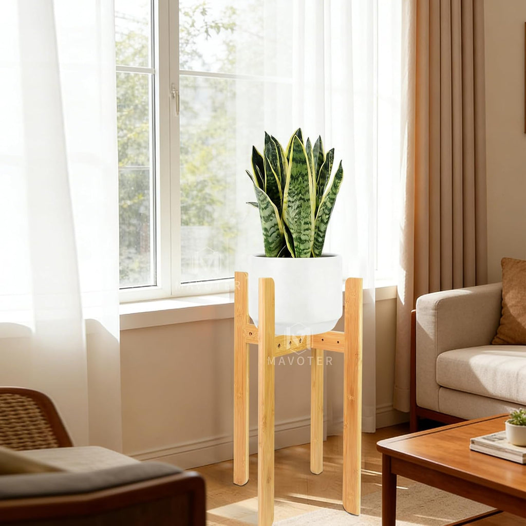 23.6" Tall Adjustable Plant Stand Indoor Flower Holder Fits 8-12 Inch Pots | Sturdy, Bamboo, Modern Mid Century