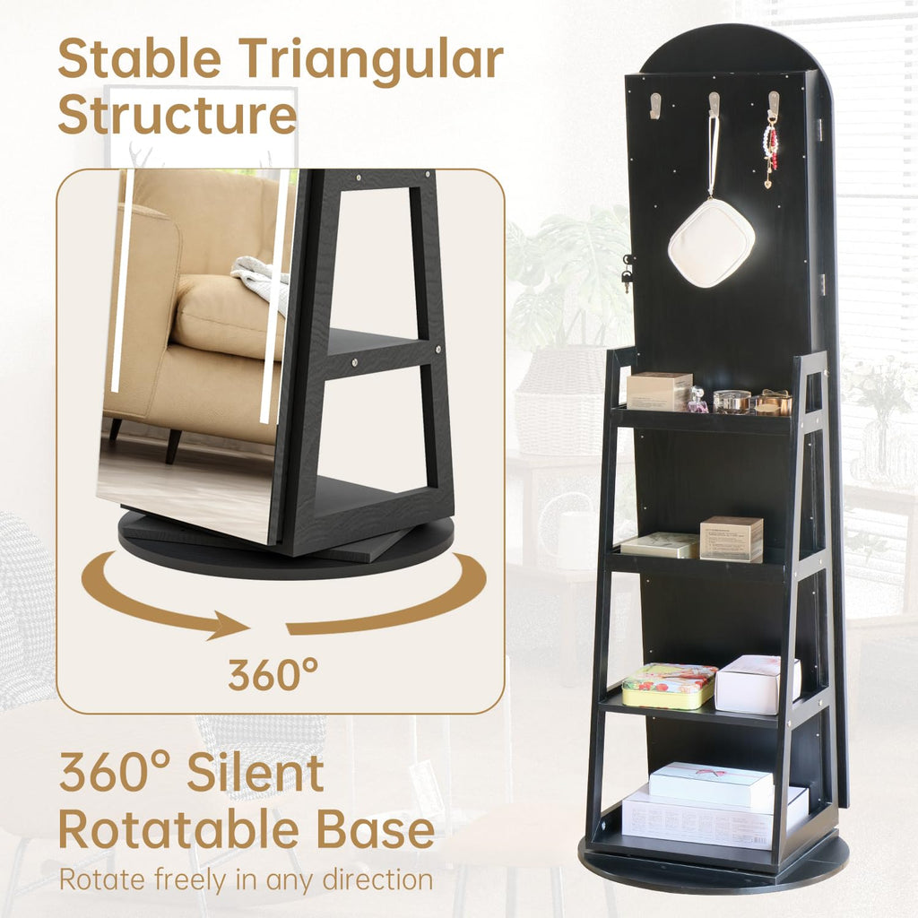 Arched Rotating Jewelry Cabinet with LED Lighted Full Length Mirror & Built-in LED Vanity Mirror, Lockable Standing