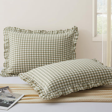 2 Pcs Plaid Ruffle Pillow Case Standard Size, Sage Green Plaid