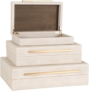 Faux Ivory Shagreen Decorative Boxes, Elegant Jewelry Organizer with Lids, Velvet Lining and Golden Handles - Set of 3