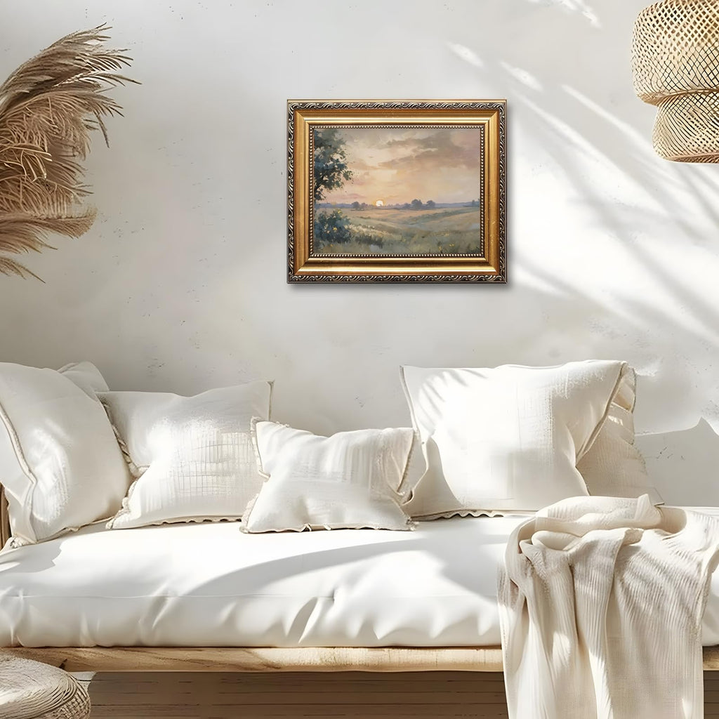 Vintage Sunset Landscape Framed Wall Art Autumn Fields Oil Painting Poster Rustic Horizontal Nature Countryside Scene