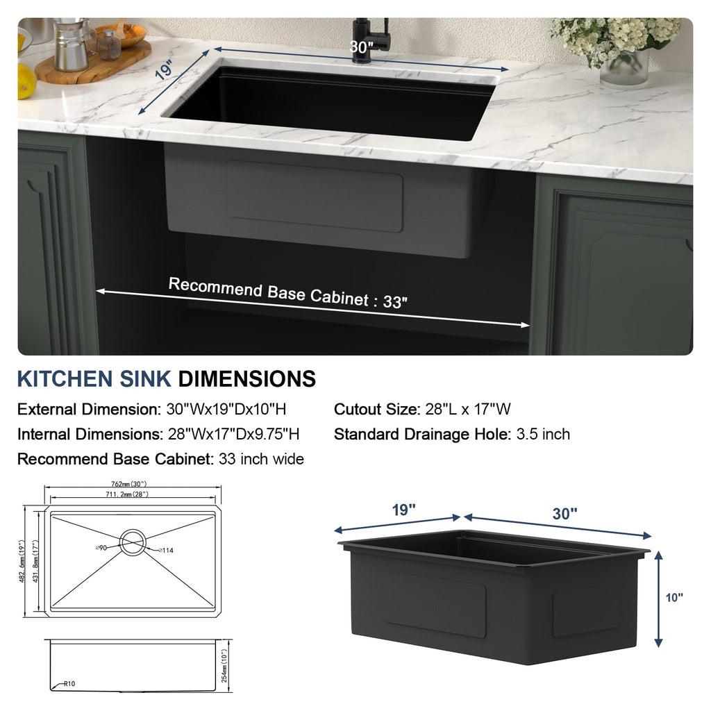 Matte Black Kitchen Sink 30 Inch Undermount Ledge Workstation T304 16 Gauge Stainless Steel Single Bowl Under Counter