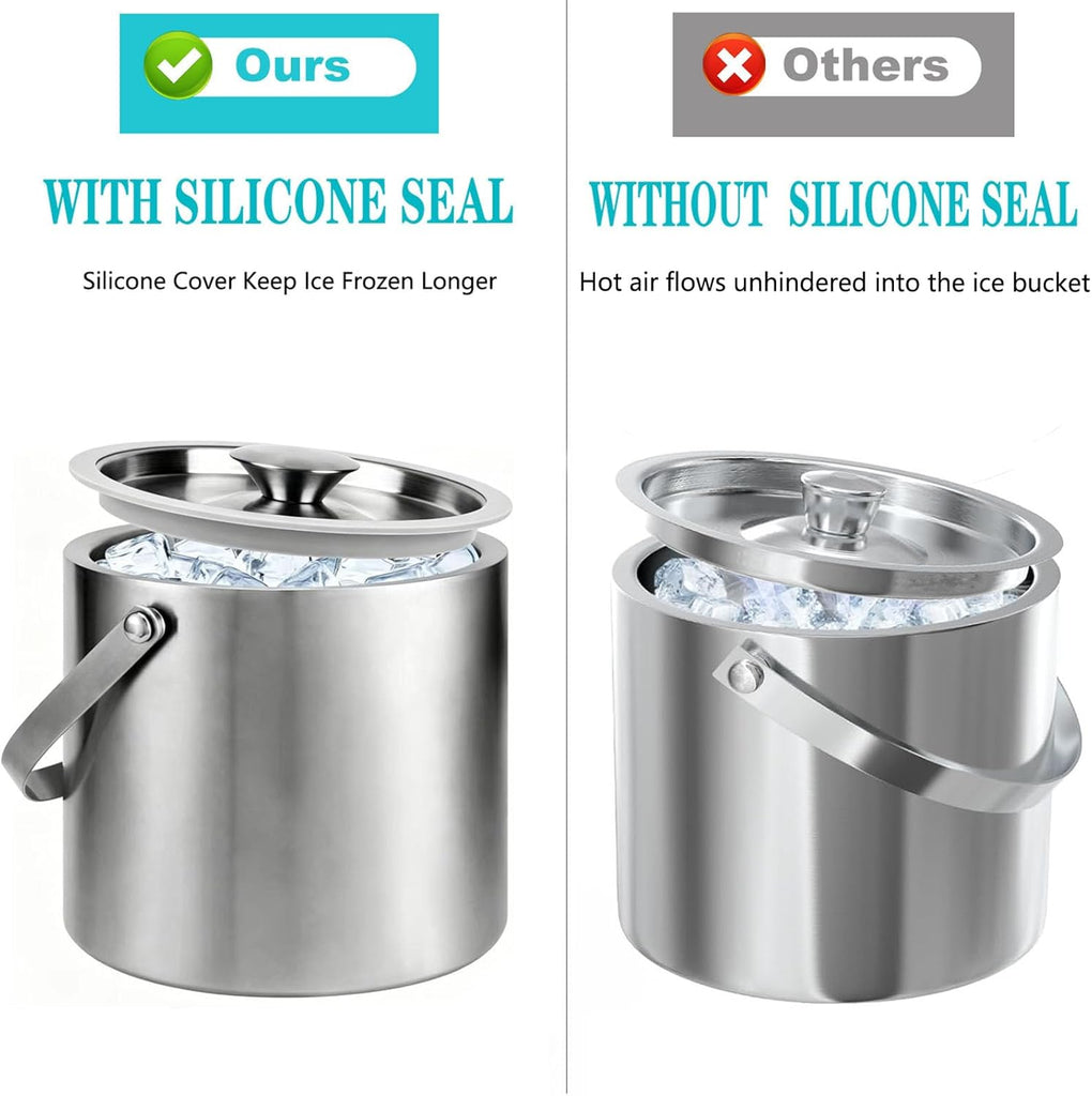 Ice Bucket, 3L Double Wall Insulated Ice Bucket with Lid,Scoop,Tongs- Inner Layer 304 Stainless Steel Ice Container