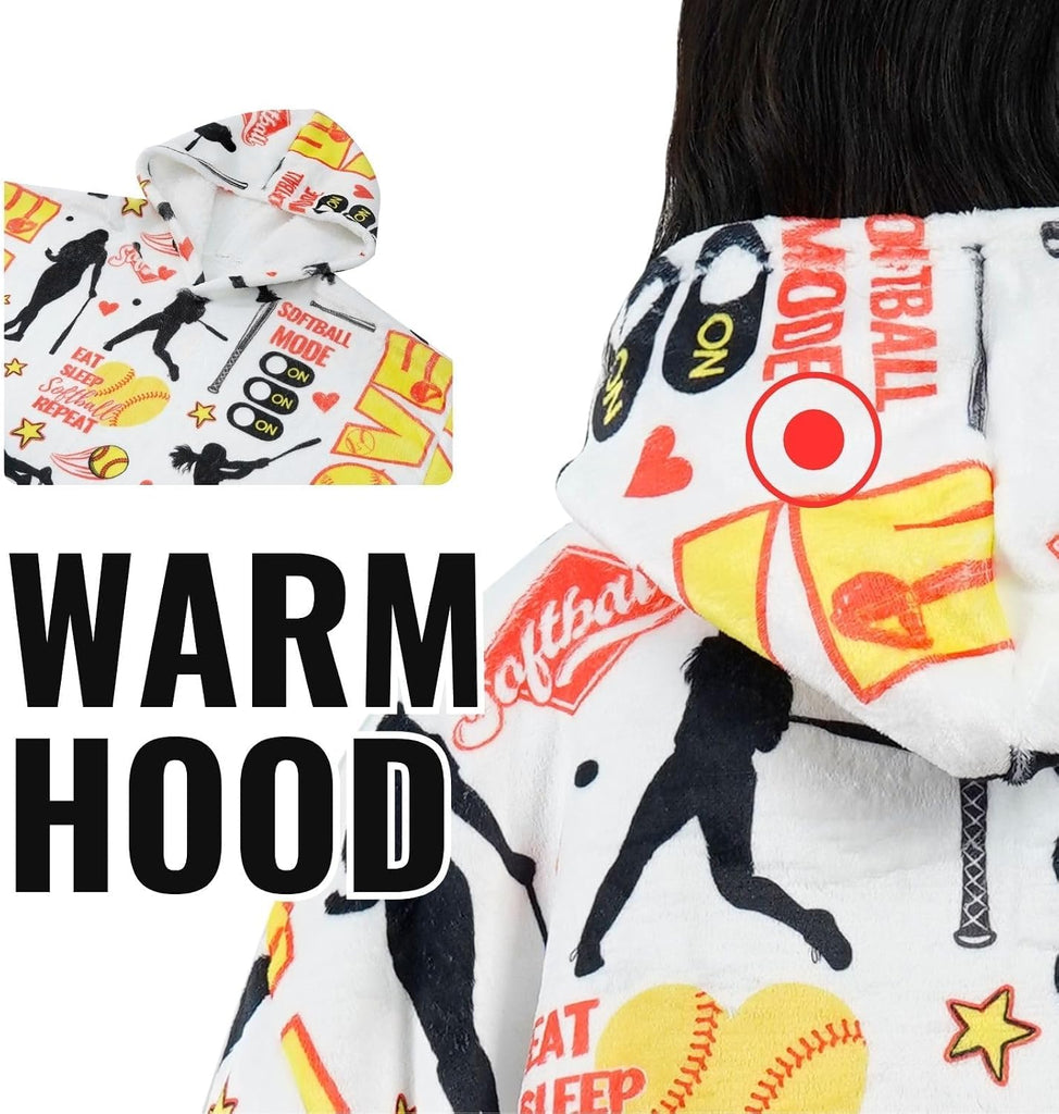 Softball Gifts, Wearable Oversized Blanket Hoodies | Softball Blanket for Women, Flannel Hooded Blankets, One Size