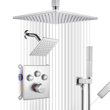 Thermostatic Shower System Brushed Nickel, Push Button Diverter Shower Faucet with 2 in 1 Handheld, Ceiling Mount 12