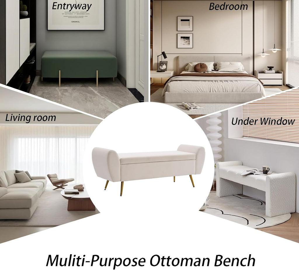 56" Storage Bench King Size Bed, Gold Legs, Velvet Ivory White | Long Ottoman, Modern End of Bed Bench, with Arm