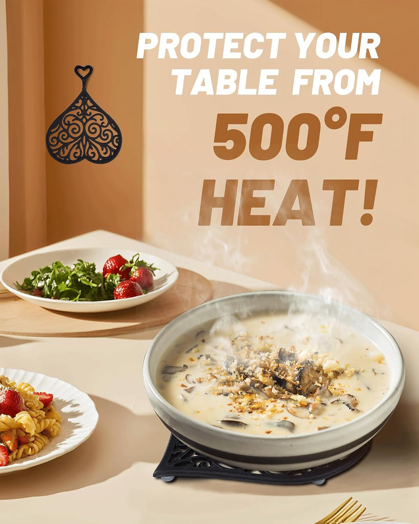Black Heart Cast Iron Trivet & Dining - Romantic Decorative Hot Dish Pad, Heat Resistant Pot Holder with Raised Feet