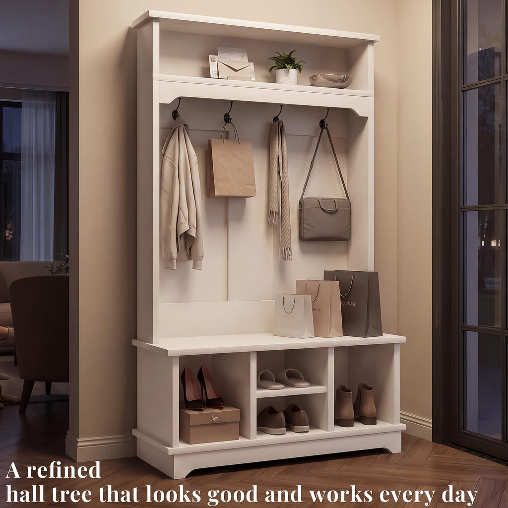71" Hall Tree with Bench and Shoe Storage, Wood Entryway Coat Rack, White