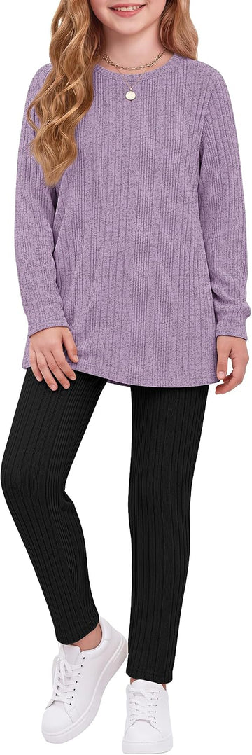 Girls 2 Piece Outfits Rib Knit Sweatshirt and Sweatpants Sweatsuit