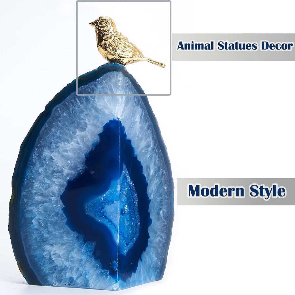 Blue Agate Bookends for Shelves, Geode Crystal Book Ends for Heavy Books, Stone Decor with Rubber Bumpers 1 Pair