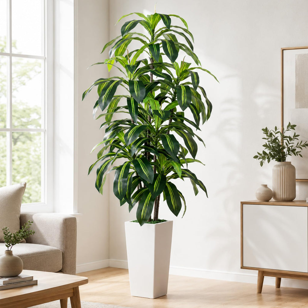 6FT Artificial Dracaena Tree, Fake Tree Indoor with White Tall Planter, Tall Artificial Plants Indoor, Artificial Silk