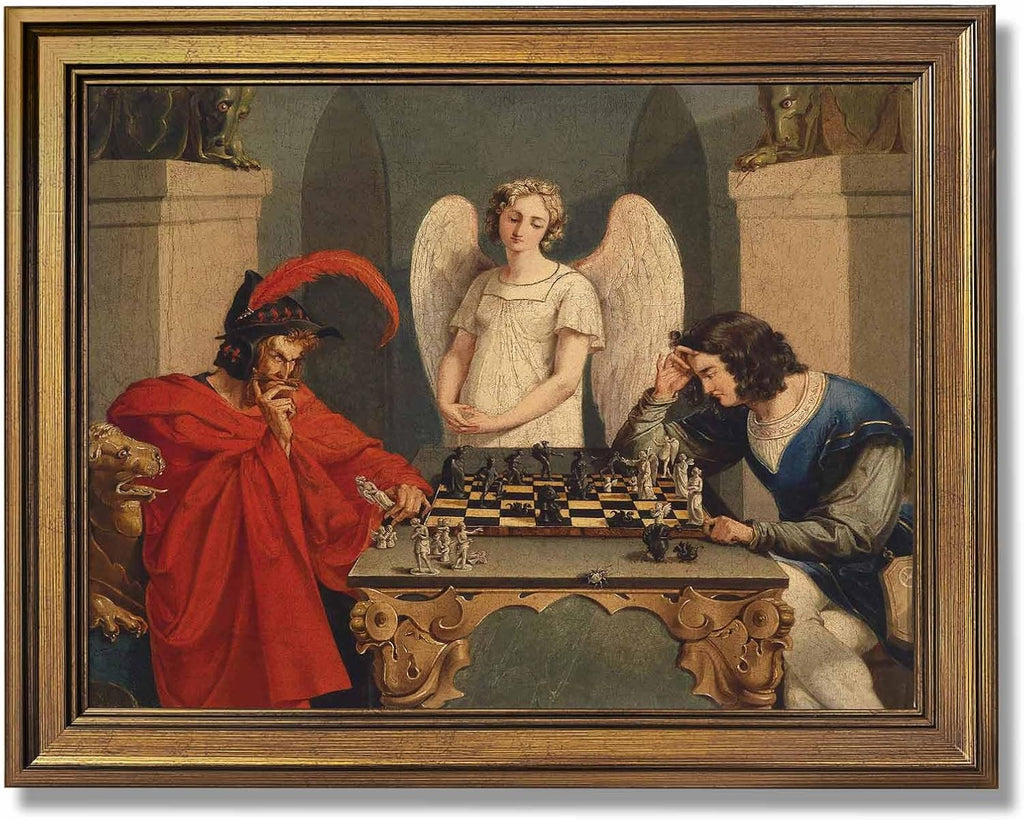 Gold Framed Faust And Mephistopheles Playing Chess Poster Wall Art Vintage Classic Oil Paintings Reproduction Canvas