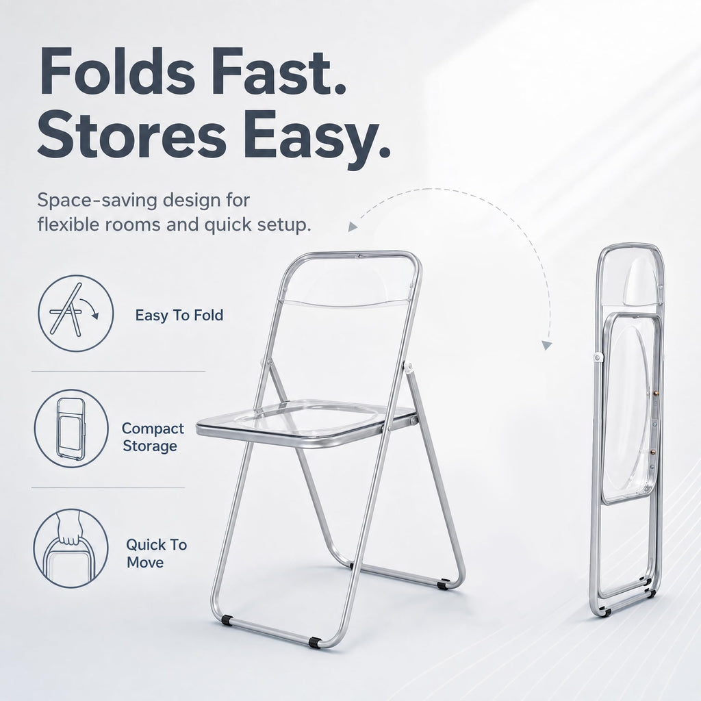 Transparent Acrylic Folding Chairs Set of 4, Clear Stackable Dining Chairs, Metal Frame, No Assembly Foldable