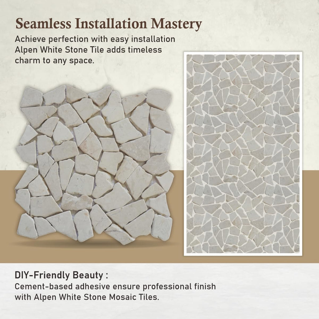 Alpen White Random Mosaic, Tumbled Stone Back Splash Tiles Walls, Shower and Bathroom Floors, and Outdoor Areas