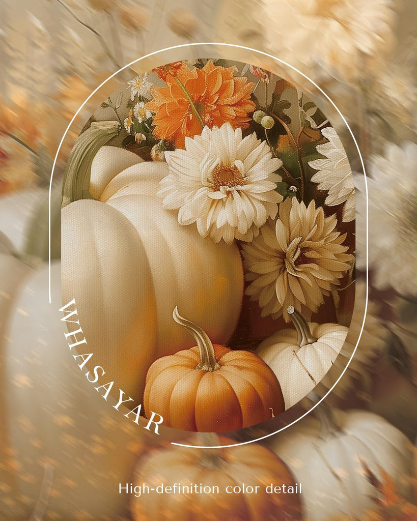 Vintage Thanksgiving Canvas Print White Orange Pumpkins Autumn Floral Leaves, Rustic Framed Fall Pumpkin Flower Still