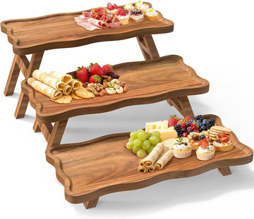 Acacia Wood 3 Tier Cupcake Stand, Serving Tray for Party, Foldable Dessert Table Display Set, Tiered Tray Decor - Set of 3