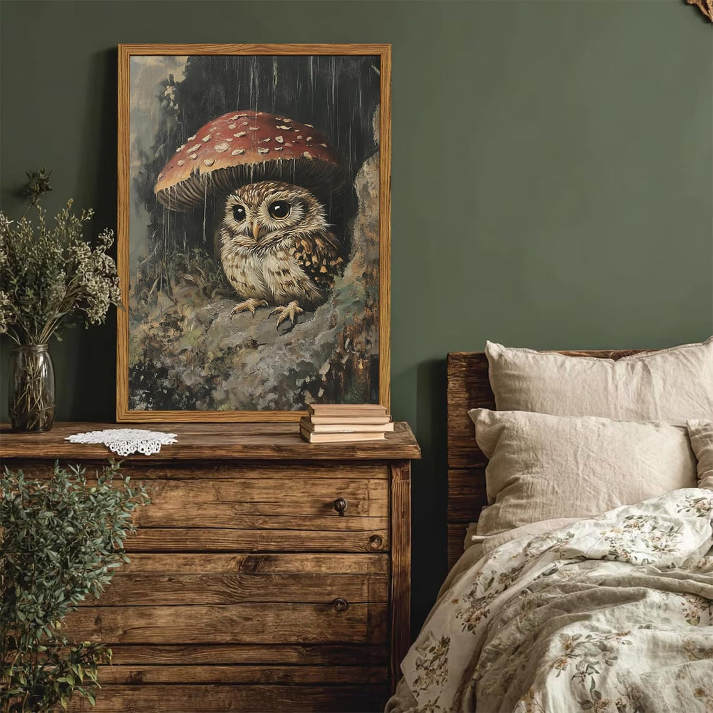 Framed Vintage Owl Canvas Wall Art, Cute Bird Mushroom Pictures Wall Decor, Cottagecore Forest Animal Paintings
