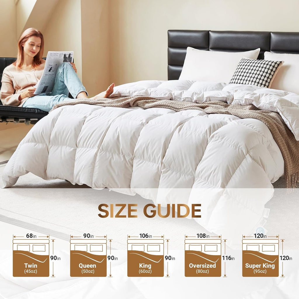 Goose Down Comforter Queen, All Season Duvet Insert, 100% Cotton Shell, 750+ Fill Power, 3D Baffle B