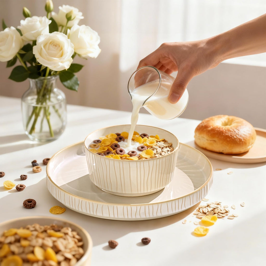 Reactive Glaze Ceramic Plates and Bowls Sets for 4, Stoneware Dinnerware Sets, Housewarming Gifts, Chip Resistant