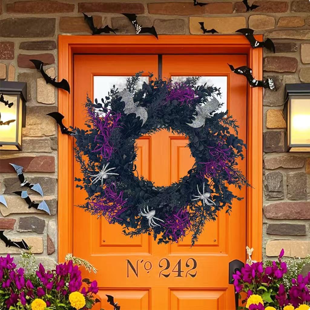 Halloween Wreath for Front Door, 20 Inch Creepy Wreath with Silver Spiders & Bats Purple Plants, Spooky Durable