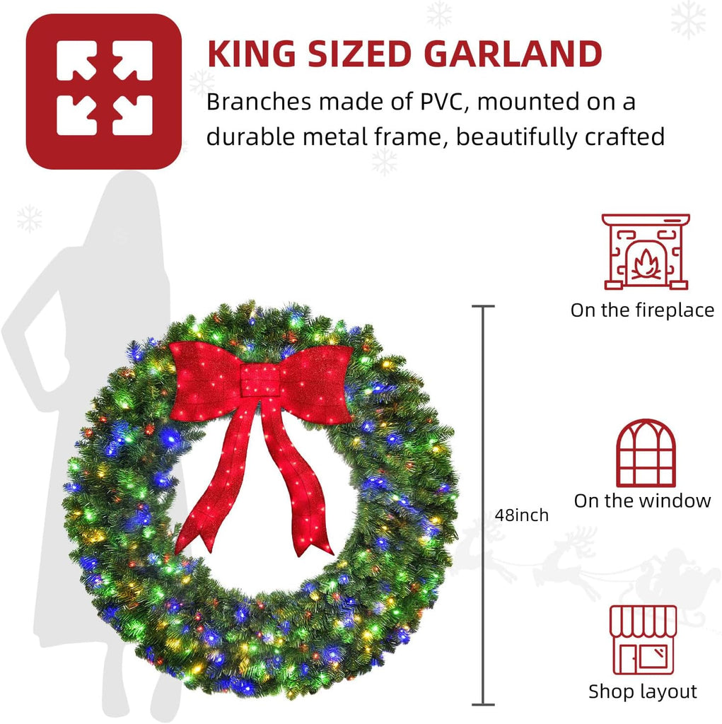 48in Pre-Lit Christmas Wreath with Bow - 270 Colorful LED Lights, 700 PVC Tips, Timer, Remote, Large Outdoor Holiday