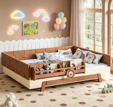 Montessori Floor Bed with high 15.4' Rails, Wood Floor Bed with slats and a Bookshelf, Beige & Deep Natural