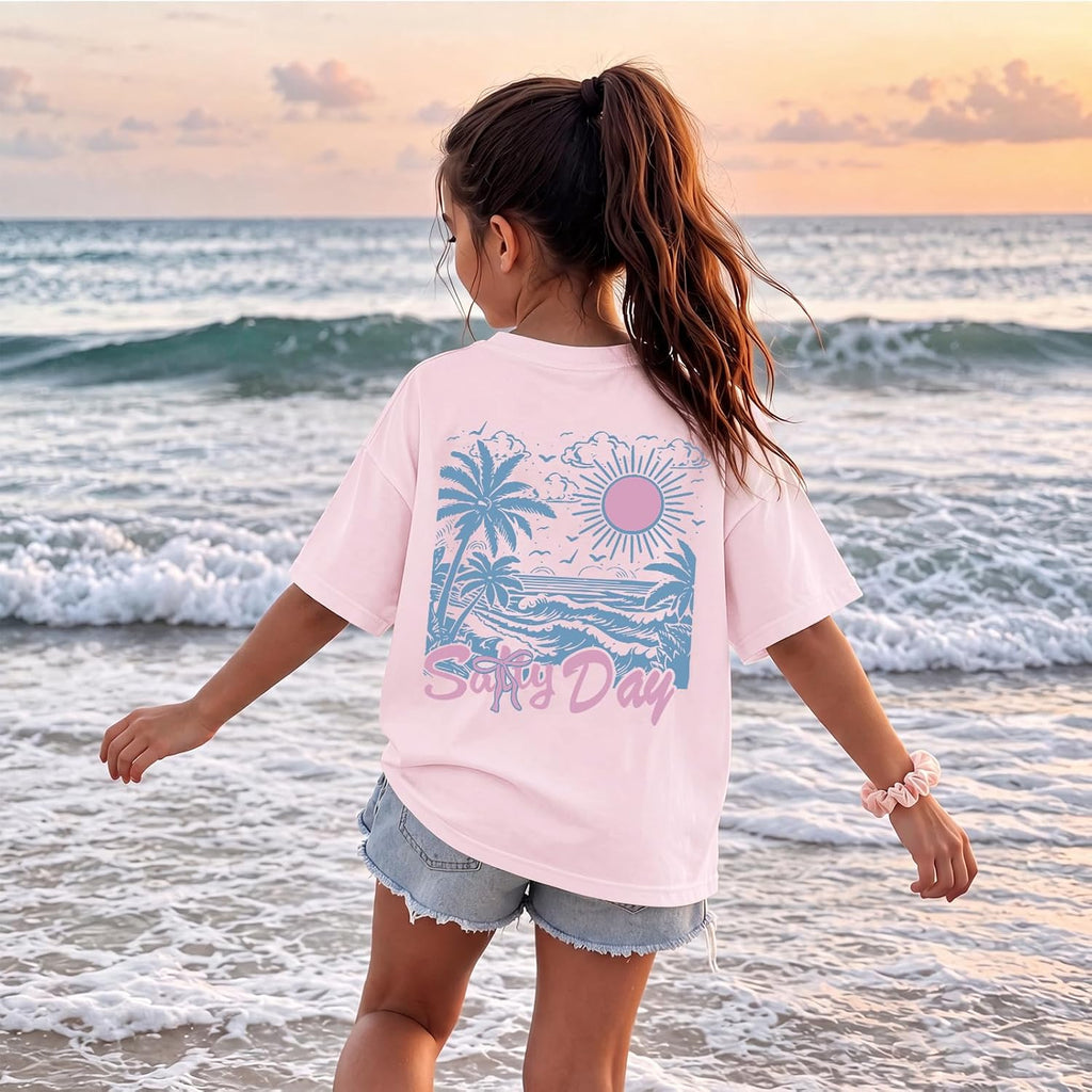 Girl's Hawaiian Graphic Tees Cute Preppy Shirts for Kids Salty Beach Printed Tshirt Casual Summer Tops