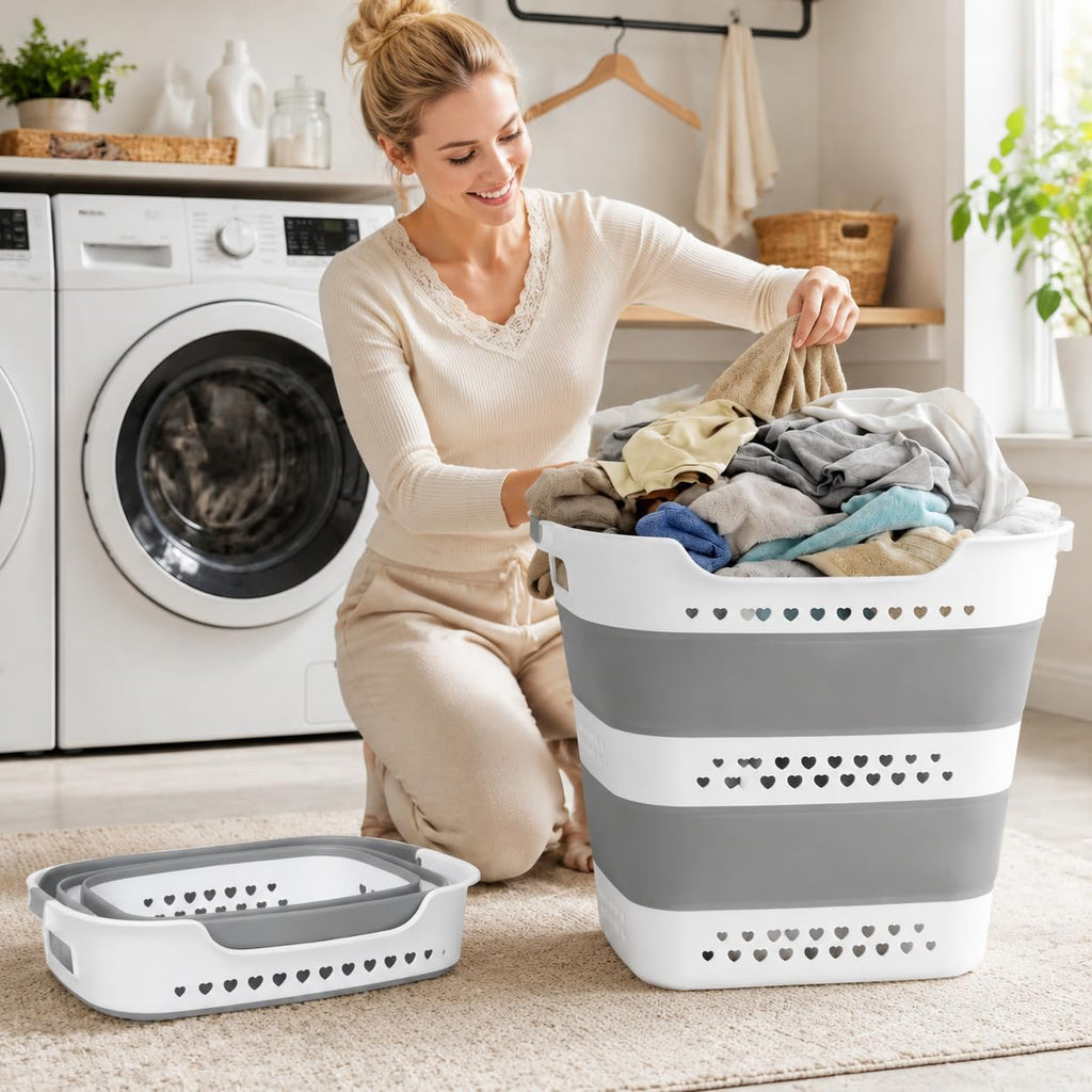 2Pcs 42L Collapsible Laundry Basket with Handle Foldable Laundry Hamper (Gery 17 Inch * 15 Inch * 14 Inch) Pop Up