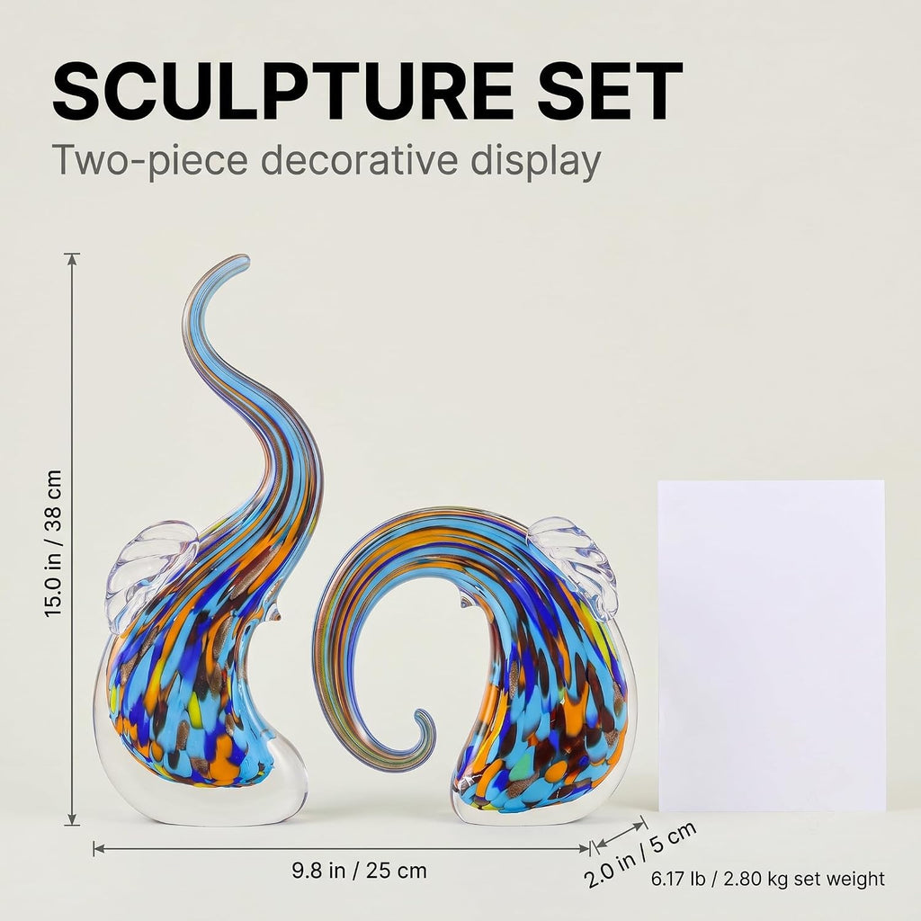 Hand Blown Elephant Statues Set - Luxury Sculptures Home Decor Art Glass Ornament Animal Collectible (Green) - Set of 2