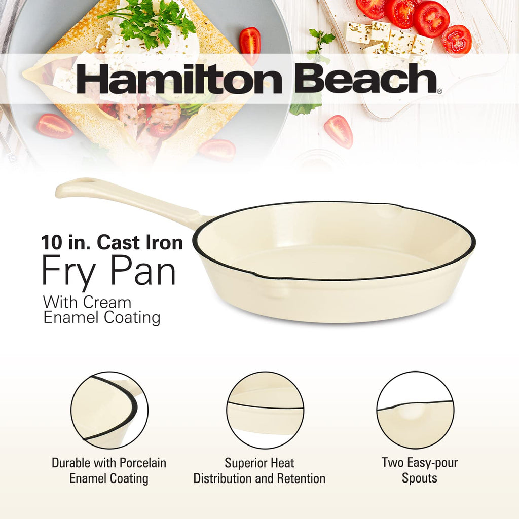 Enameled Cast Iron Fry Pan 10-Inch Cream, Cream Enamel coating, Skillet Pan For Stove top and Oven, Even Heat