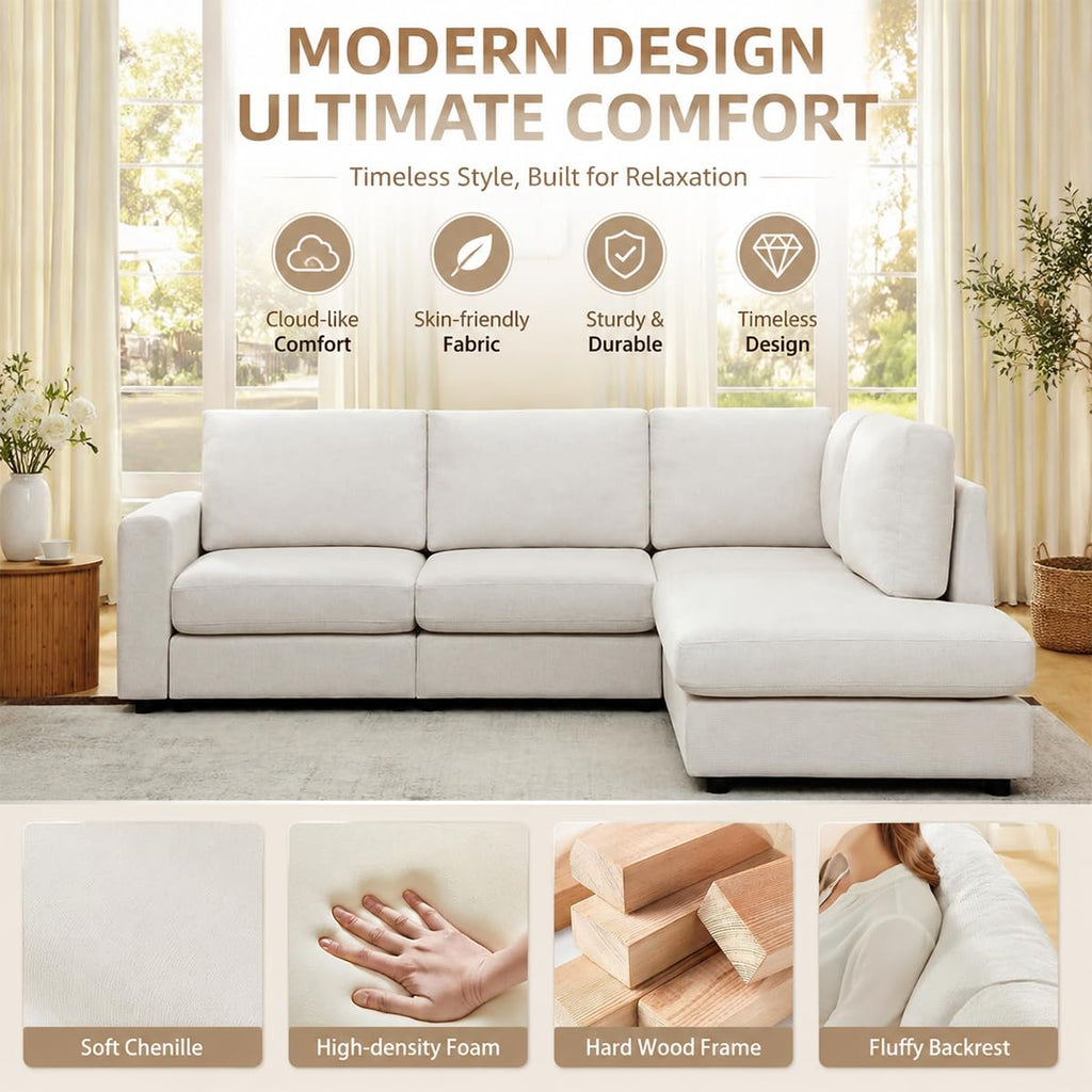 100" L-Shaped Sectional Couch with Reversible Deep Chaise, Beige