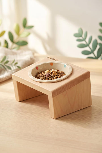 Elevated Cat Bowls with Natural Beech Wood Stand and Ceramic Bowl