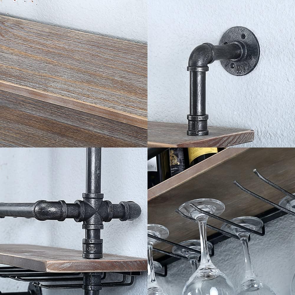 Floating Bar Shelves,Wine Rack Wall Mounted,Wine Glass Holder Wood Shelf | Industrial Pipe,Solid Pine Wood,Easy to