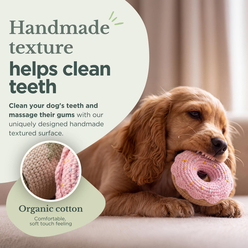 Café Bakery Puppy Toy Gift Set - 3 Hand-Knit Organic Cotton Plush Dog Toys: Croissant, Donut & Coffee Cup for