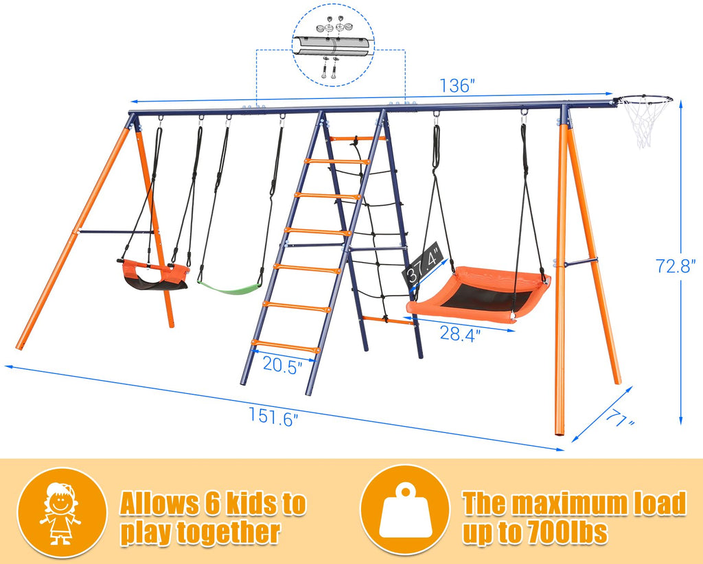 Swing Sets for Backyard 700 lb - 6 in 1 Playground Sets with 3 Swings Seats