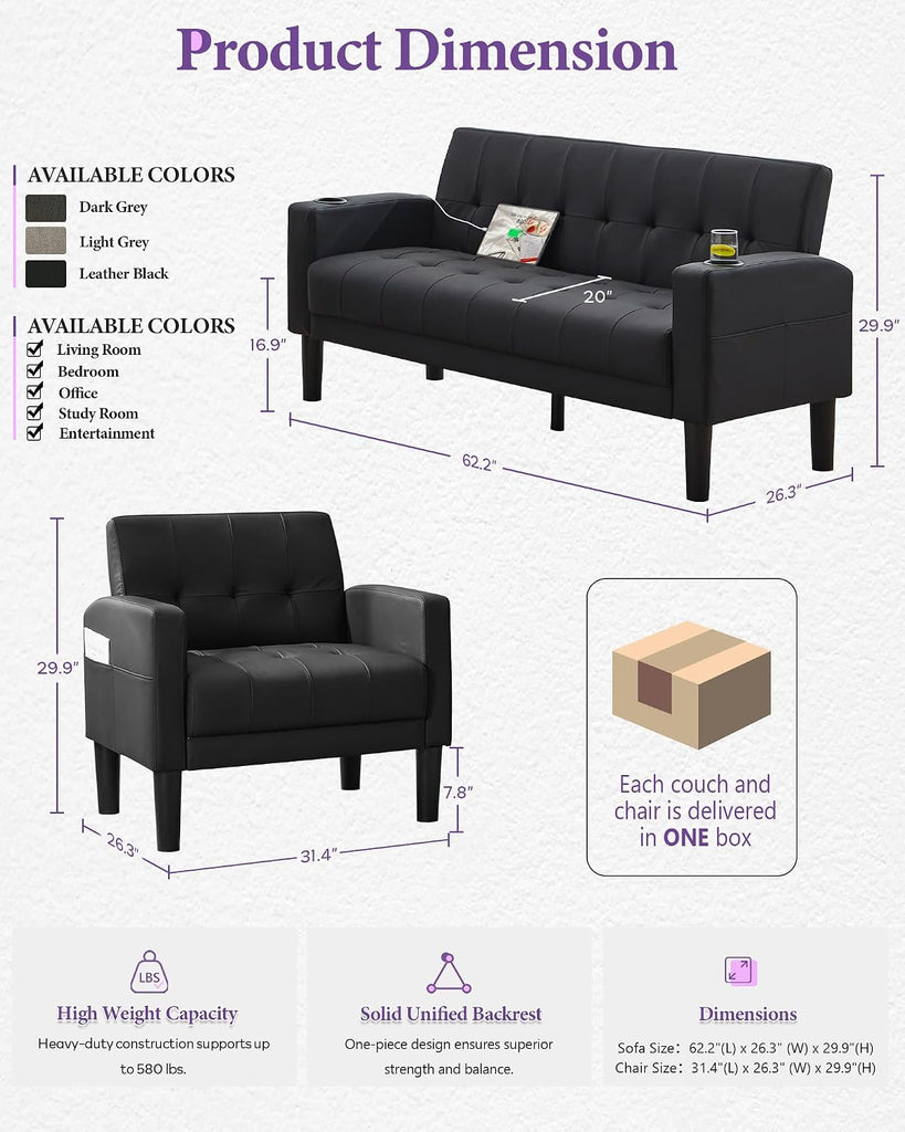 Sofa Couch, Living Room Furniture Sectional Sofa Sets 3 Pcs, Tufted Mid-Century Loveseat w/USB, Cupholders & Comfy
