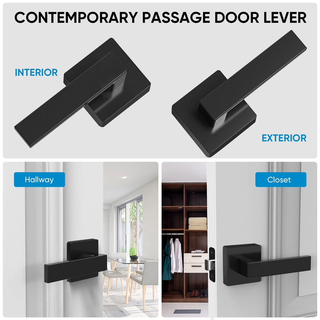 1PK Matte Black Door Handles Interior, Reversible Square Door Levers Knob (No Lock, 1PK Passage)