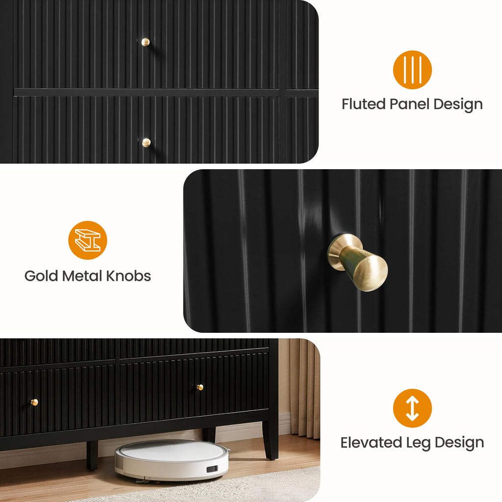 Black 6 Drawer Dresser, Fluted Dresser