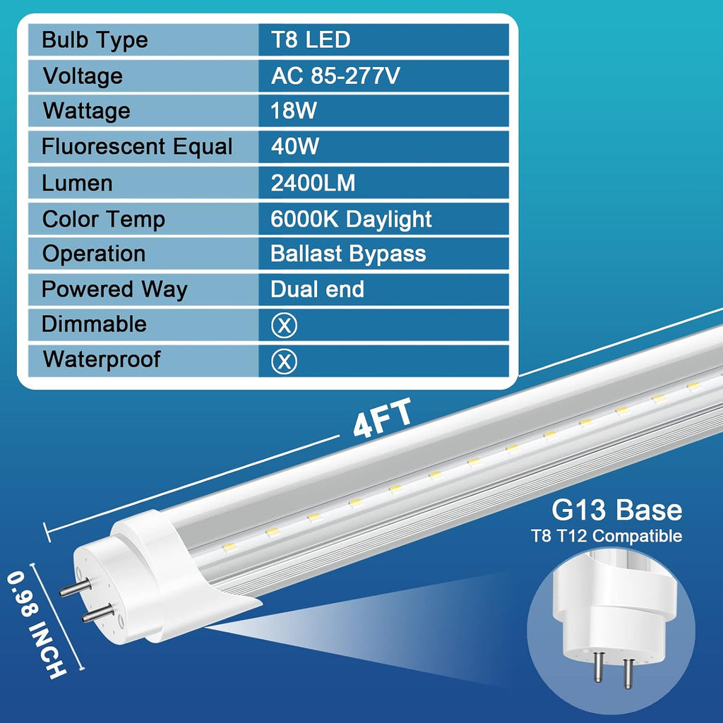 24 Pack T8 LED Bulbs 4 Foot, 18W 2400LM, 6000K, Ballast Bypass