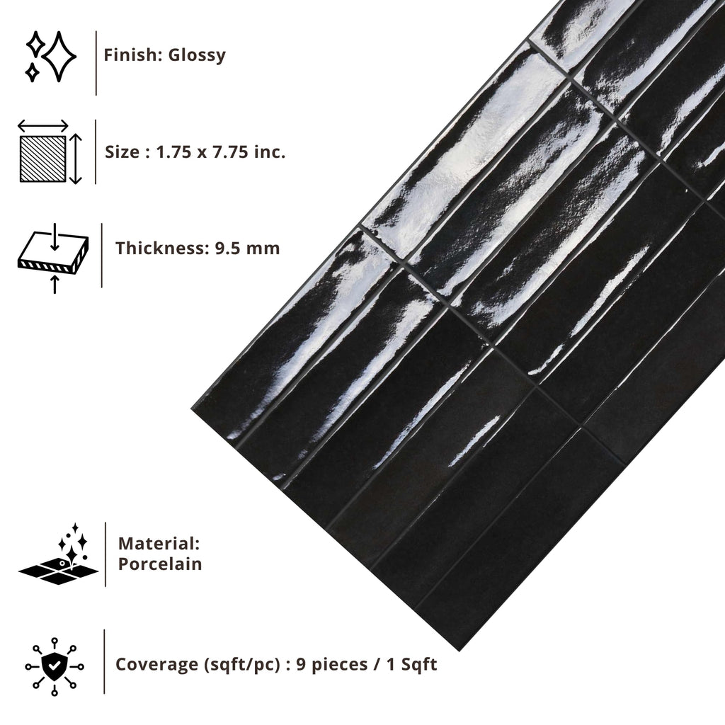Black Glossy Porcelain Subway Zellige Look Tile - 2"x8" Wall and Floor, Backsplash, Shower,Fireplace Accent