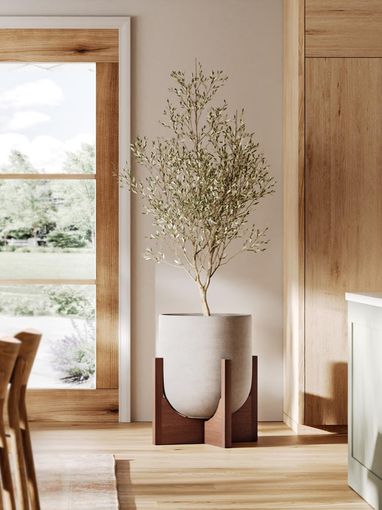 12 Inch Ceramic Planter with Acacia Wood Stand, Neutral Gray