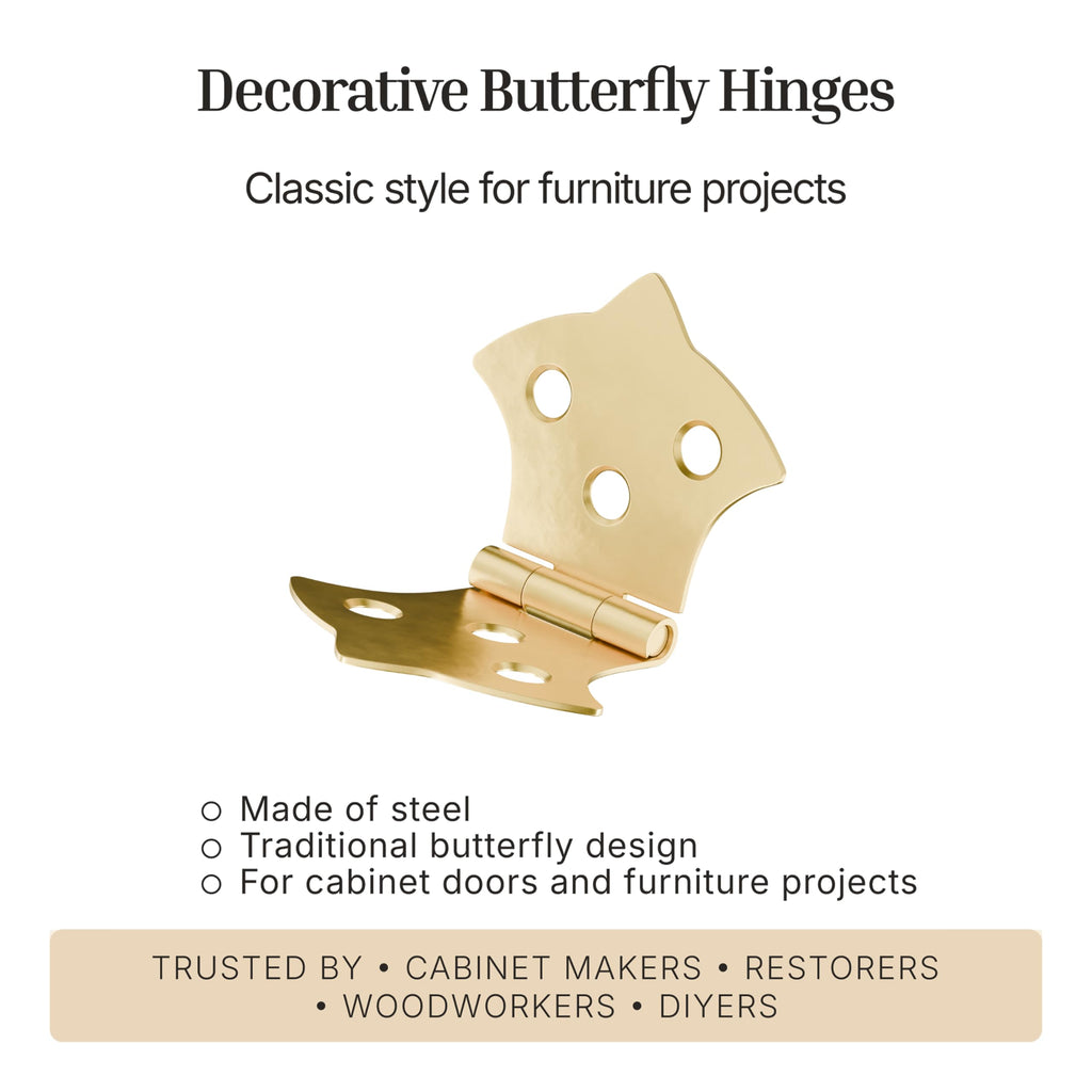 Brass Butterfly Hinges - 3-1/8" x 1-7/8" - Pack of 2 - Decorative Hinges for Cabinet Doors, Trunks and Boxes