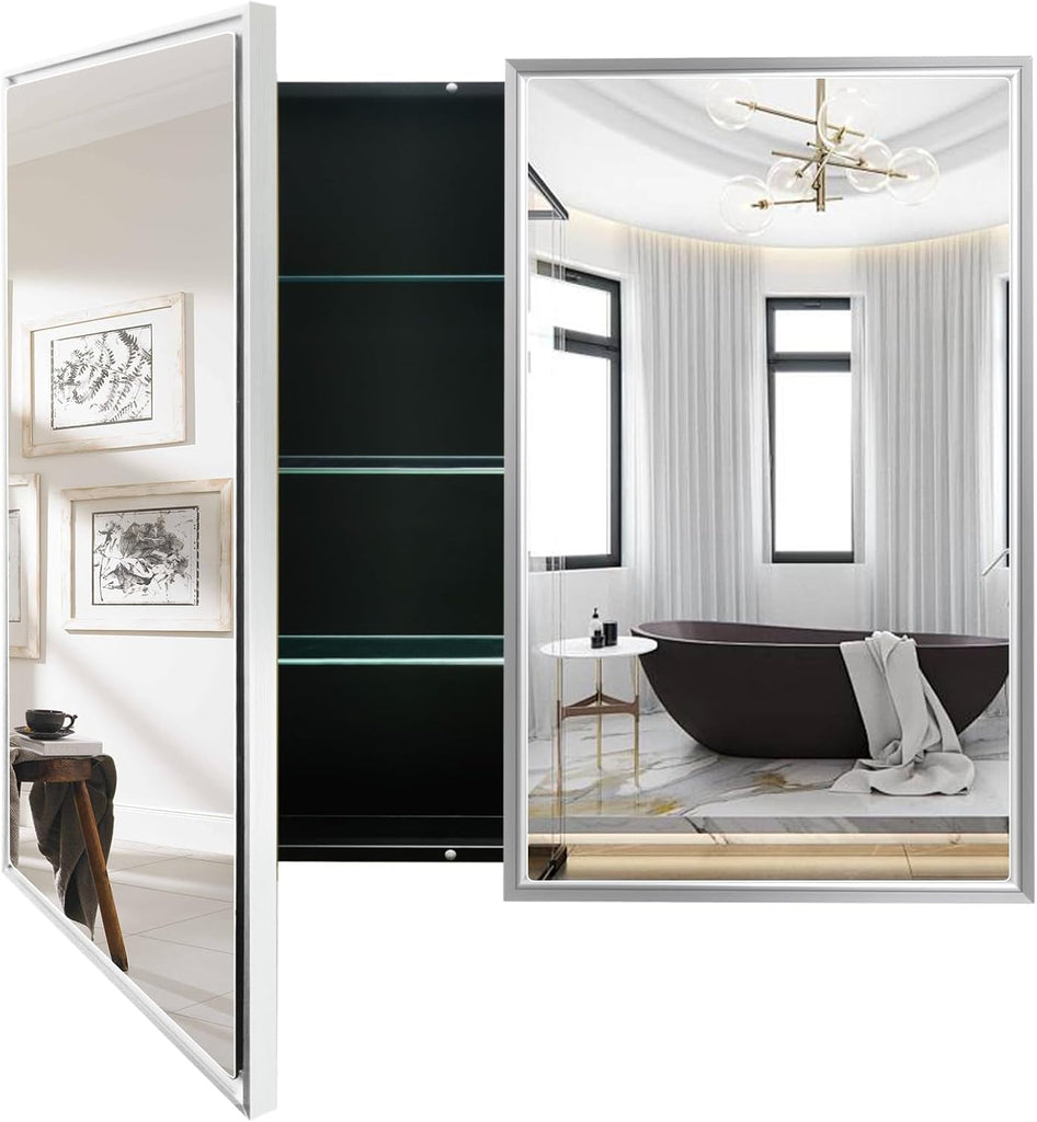 36" x 32" Large Medicine Cabinet with Mirror, Silver Aluminum Framed Bathroom Vanity Mirror Cabinet, Double Door